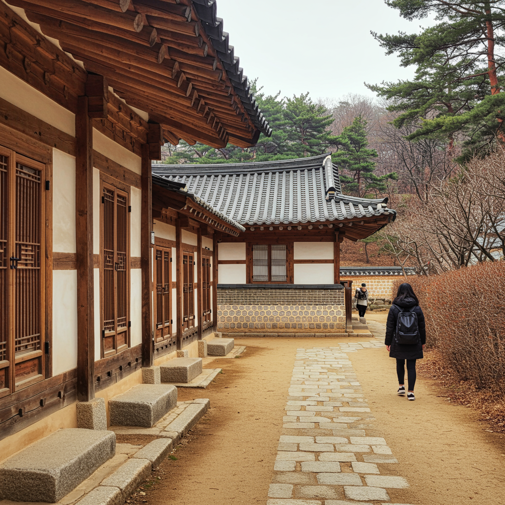 A beautiful, traditional Korean hanok house with a tiled roof at the Korean Folk Village.