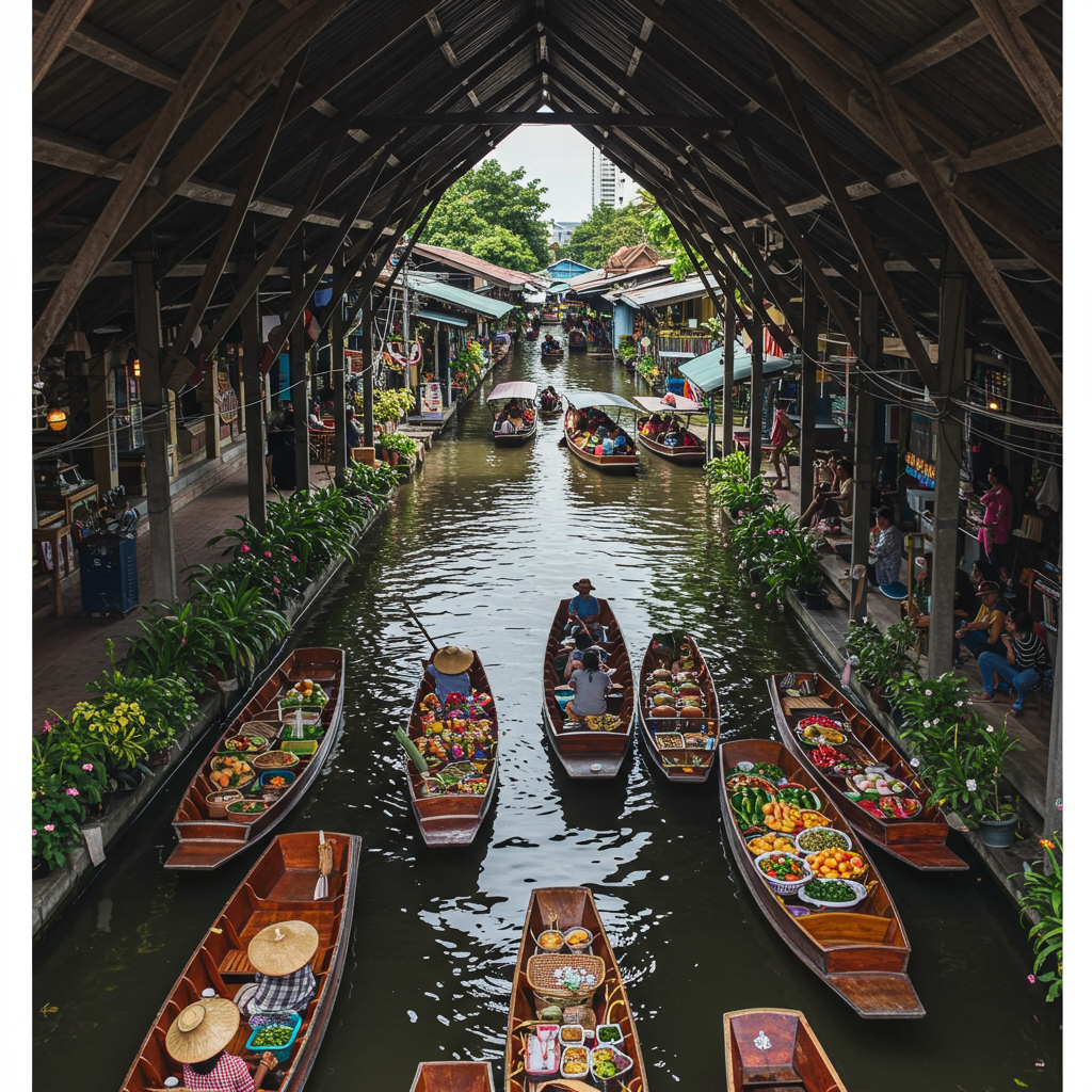 A bustling canal scene at a Thai floating market with vendors in long-tail boats.