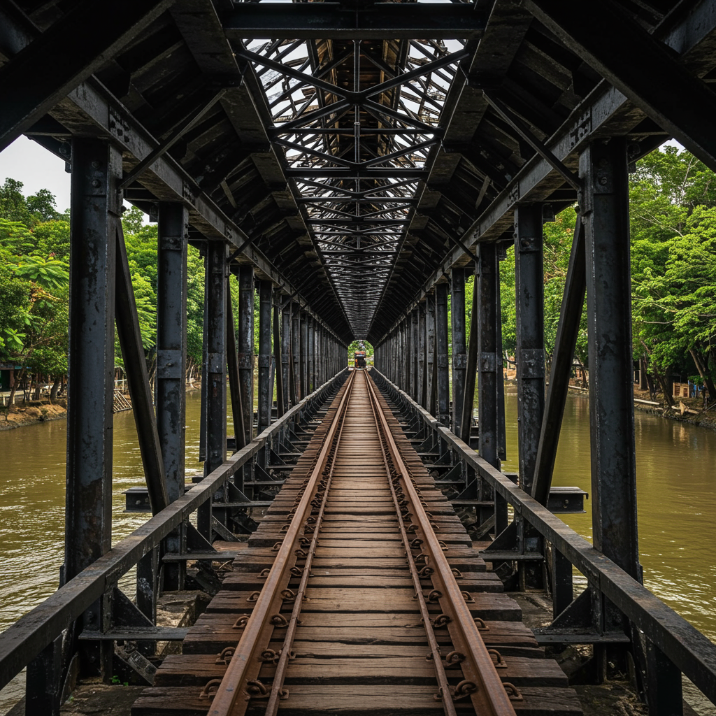 A scenic view of the River Kwai in Kanchanaburi with the historic railway bridge.