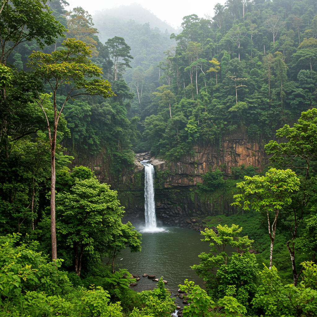 A lush, green valley in Khao Yai with rolling hills under a blue sky.