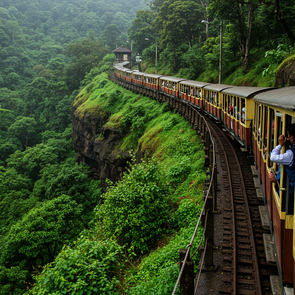 A winding red-soil path in Matheran surrounded by dense green forest.