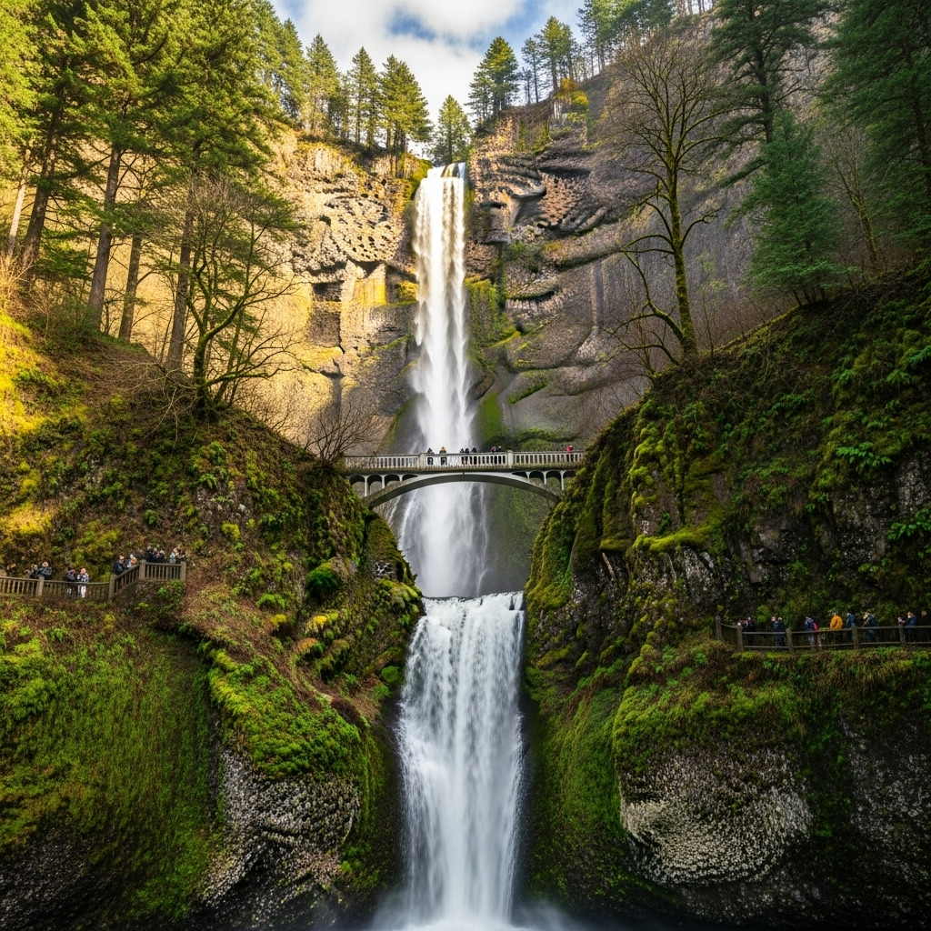 A breathtaking view of Multnomah Falls with the Benson Bridge crossing the lower cascade.