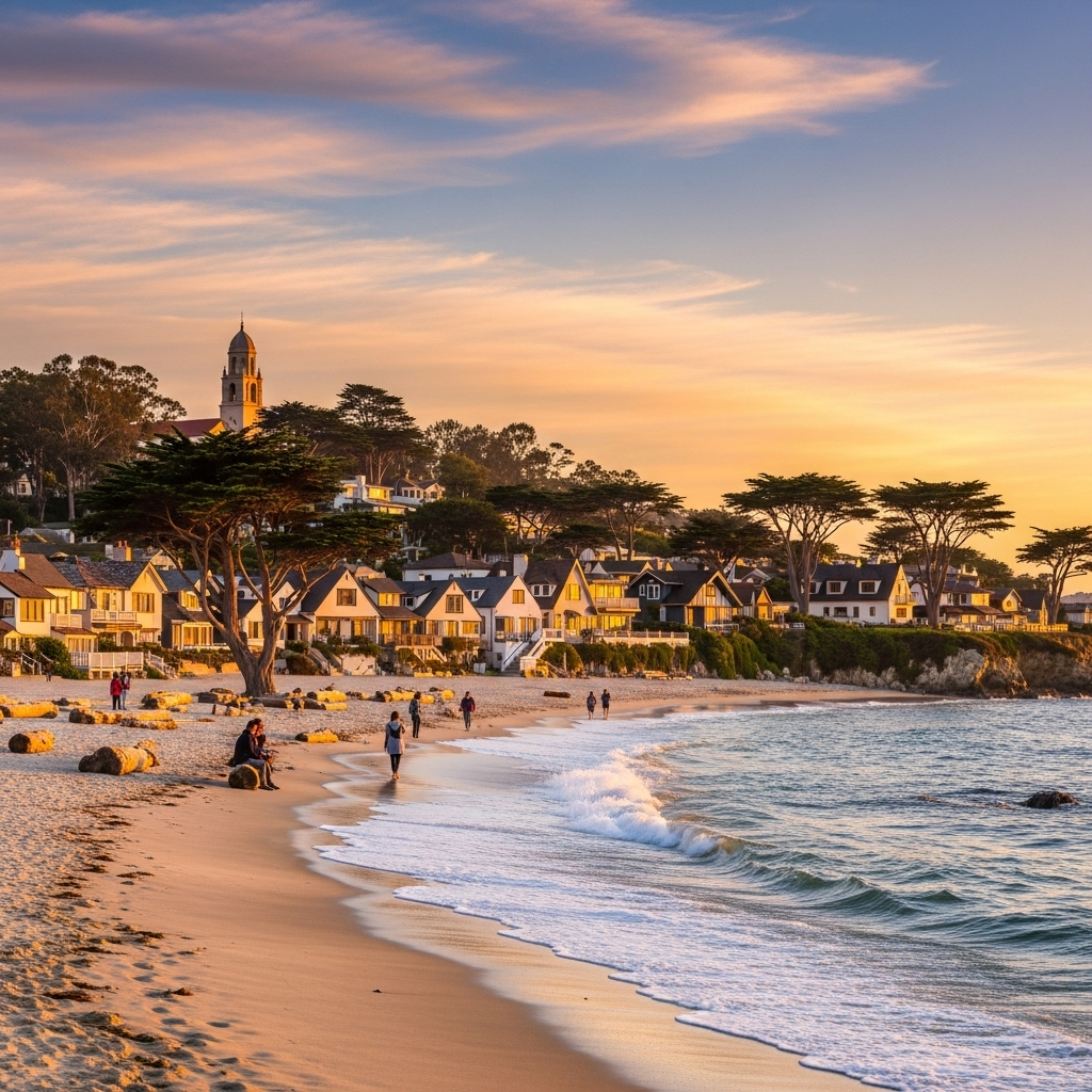 A beautiful view of the cypress trees and white sand of Carmel Beach