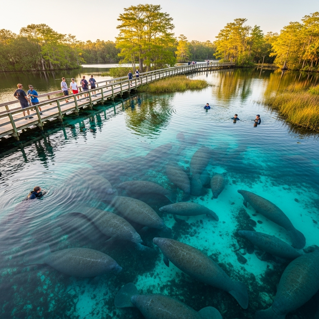 A serene view of a manatee in the crystal-clear blue water of a Florida spring.