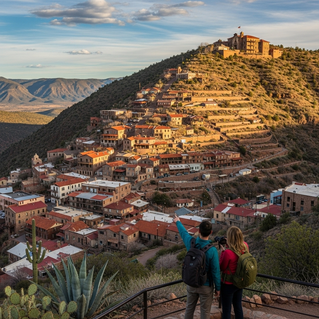 A scenic, winding road leading up a mountainside to the historic town of Jerome, Arizona, under a clear blue sky.