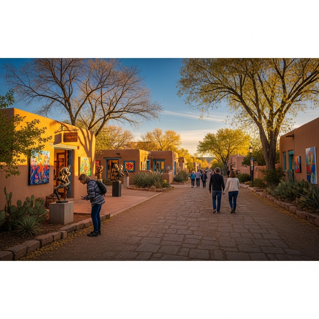 A beautiful adobe building on Canyon Road in Santa Fe, bathed in golden sunlight.