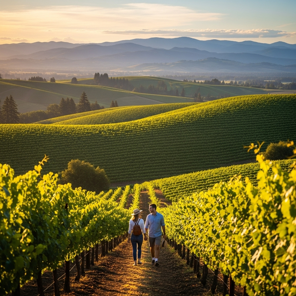 Rolling green hills of a vineyard in Oregon wine country under a blue sky.