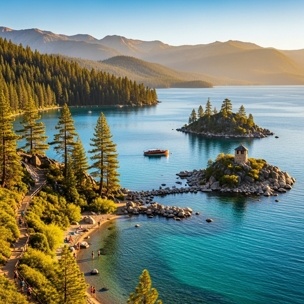 A stunning, clear turquoise bay surrounded by green pine trees and granite cliffs in Lake Tahoe.