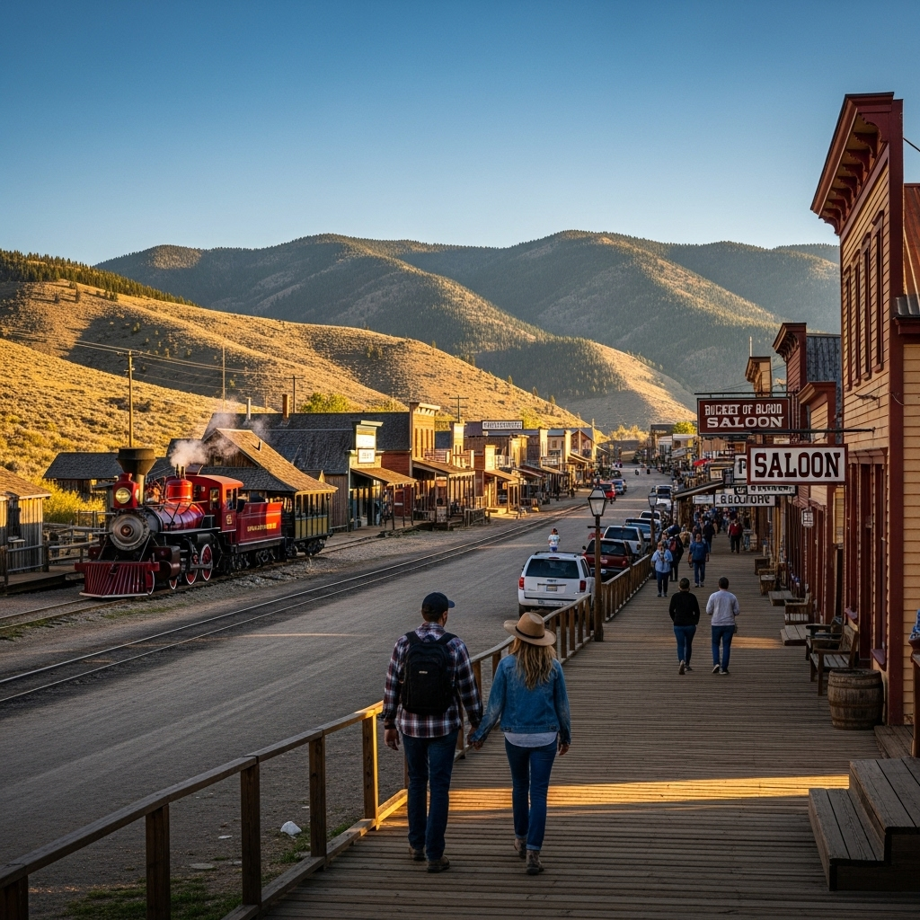 A view down the historic C Street in Virginia City with 19th-century buildings and boardwalks.