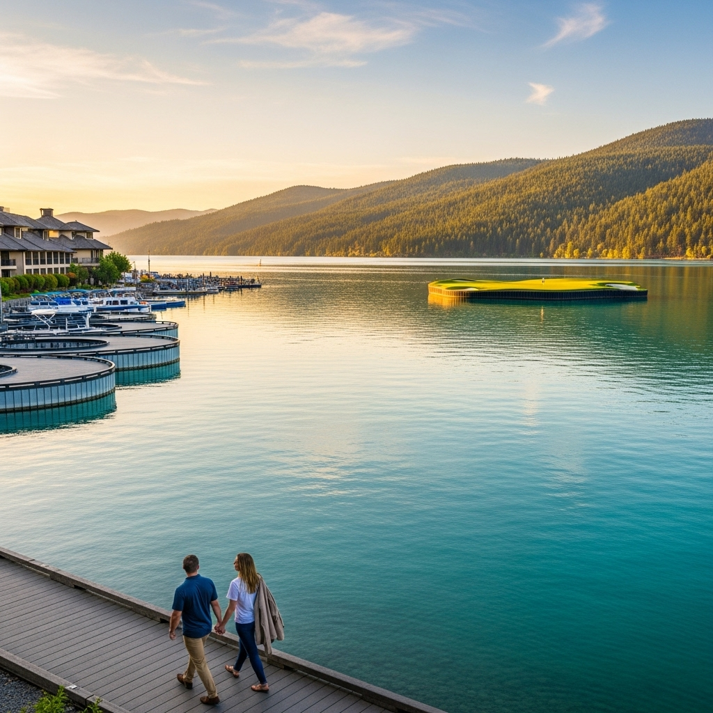 A beautiful view of the lake and boardwalk in Coeur d'Alene on a sunny day.