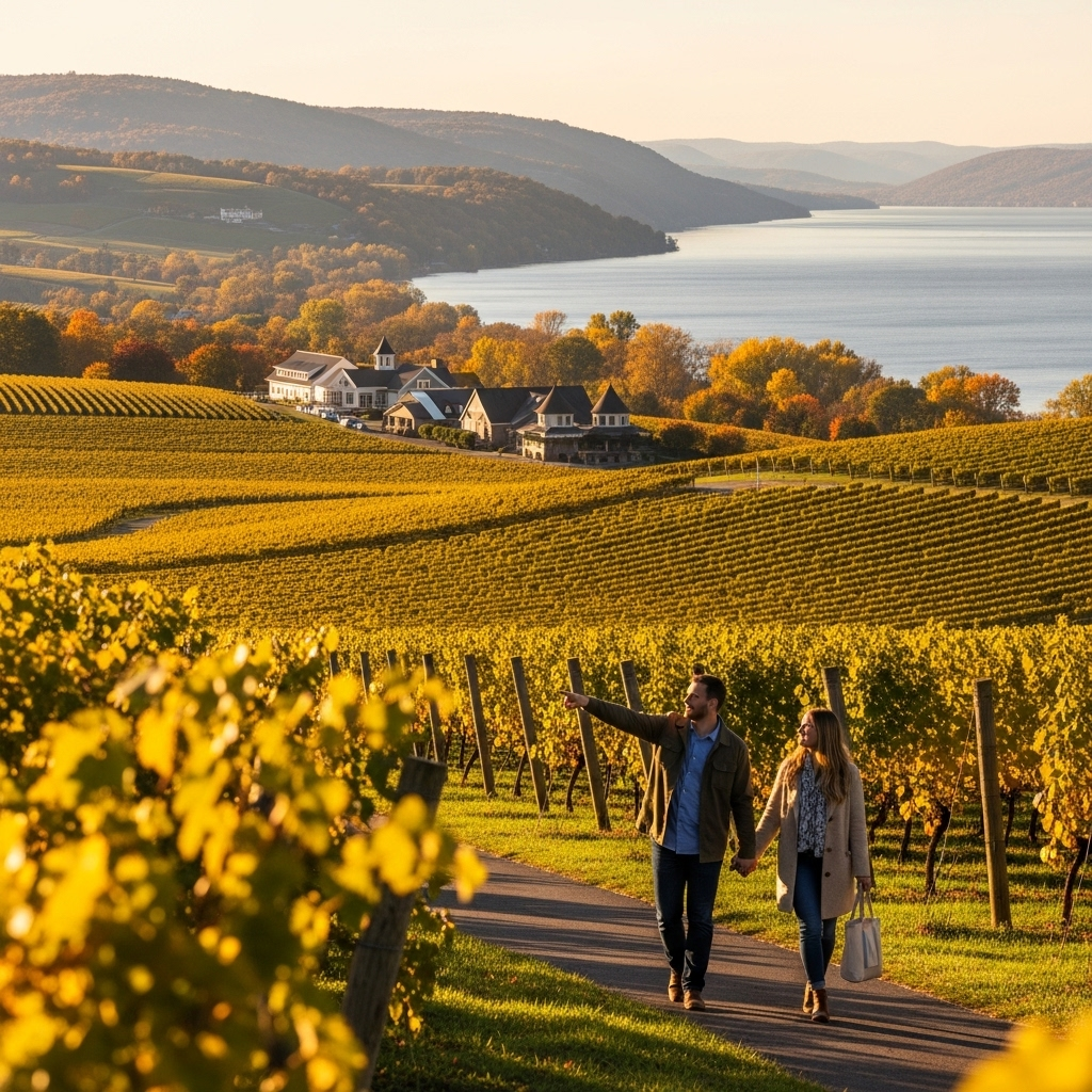 A scenic view of lush green vineyards sloping down towards a shimmering blue lake under a clear sky.