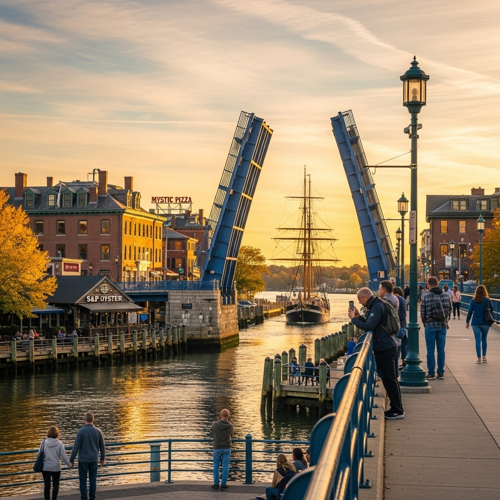The iconic drawbridge in historic downtown Mystic on a sunny day