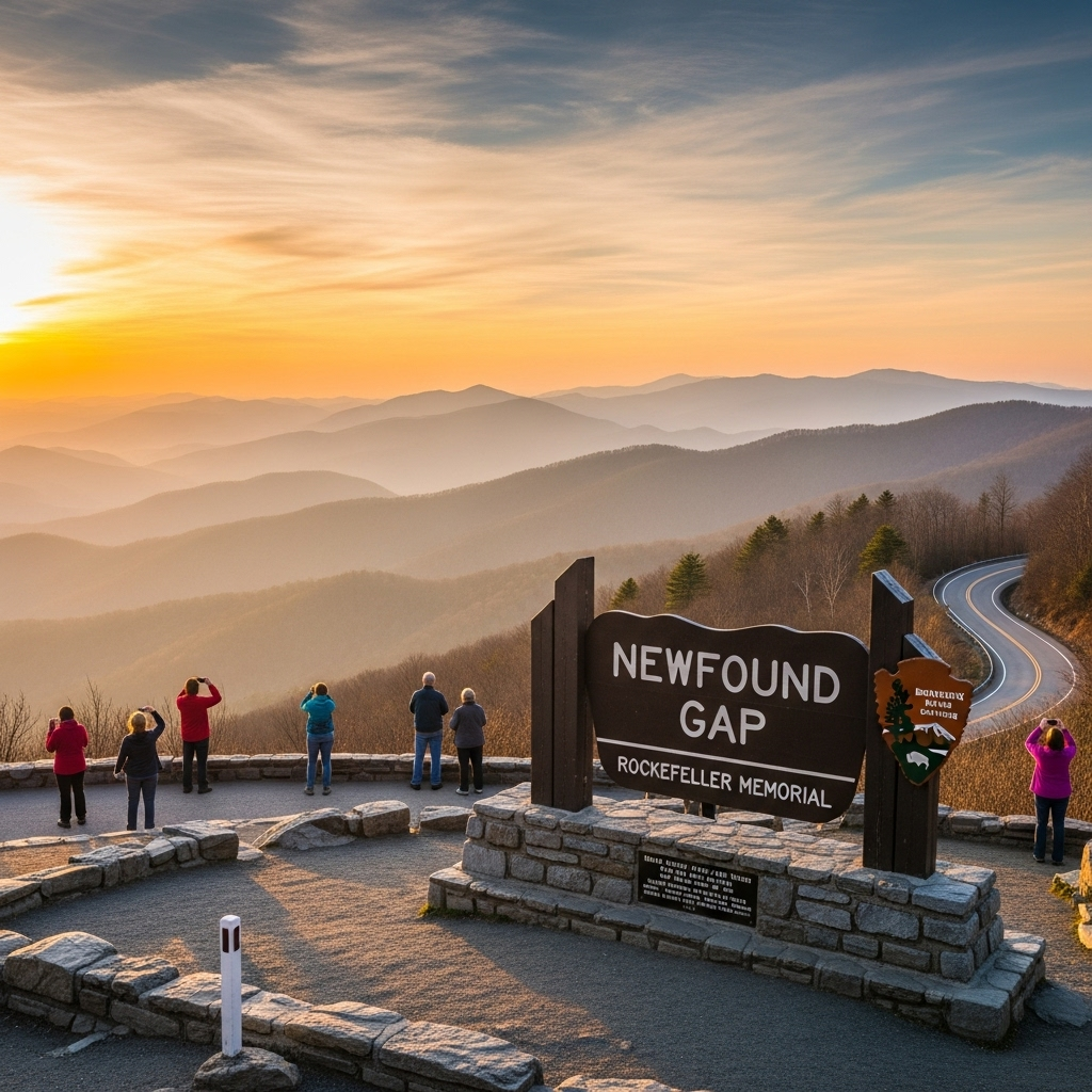 A sweeping vista of the Great Smoky Mountains with layers of blue and green ridges fading into the distance.