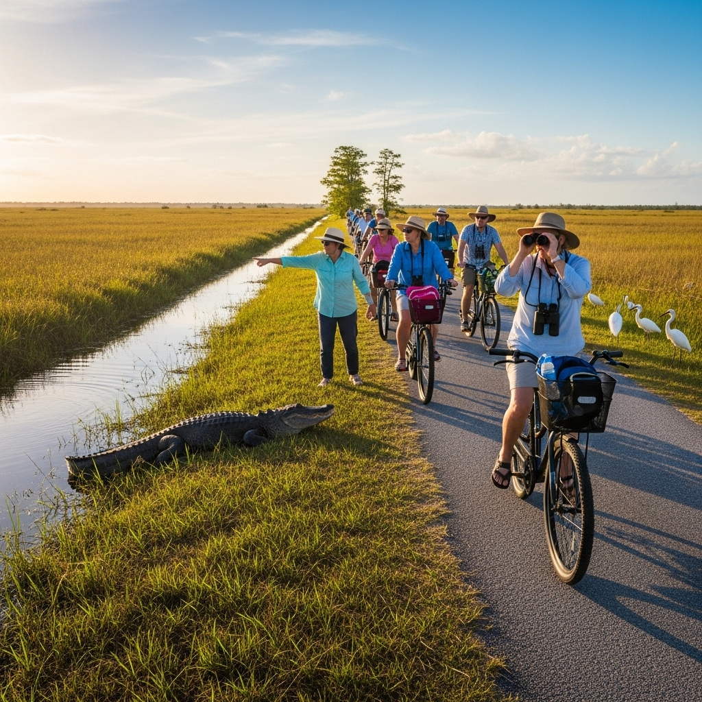 An airboat gliding through the grassy waters of the Everglades under a blue sky.