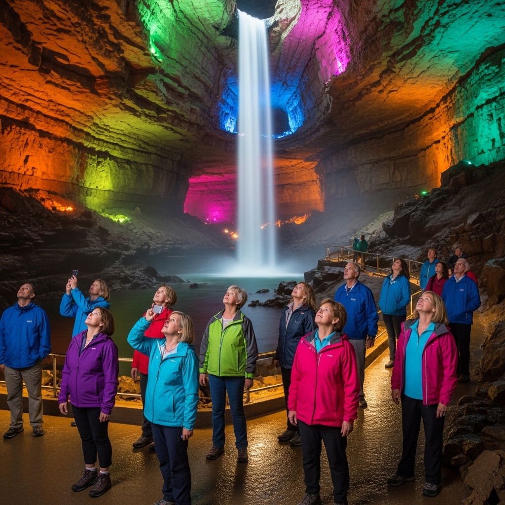 A beautiful view of the Ruby Falls underground waterfall with colorful lights