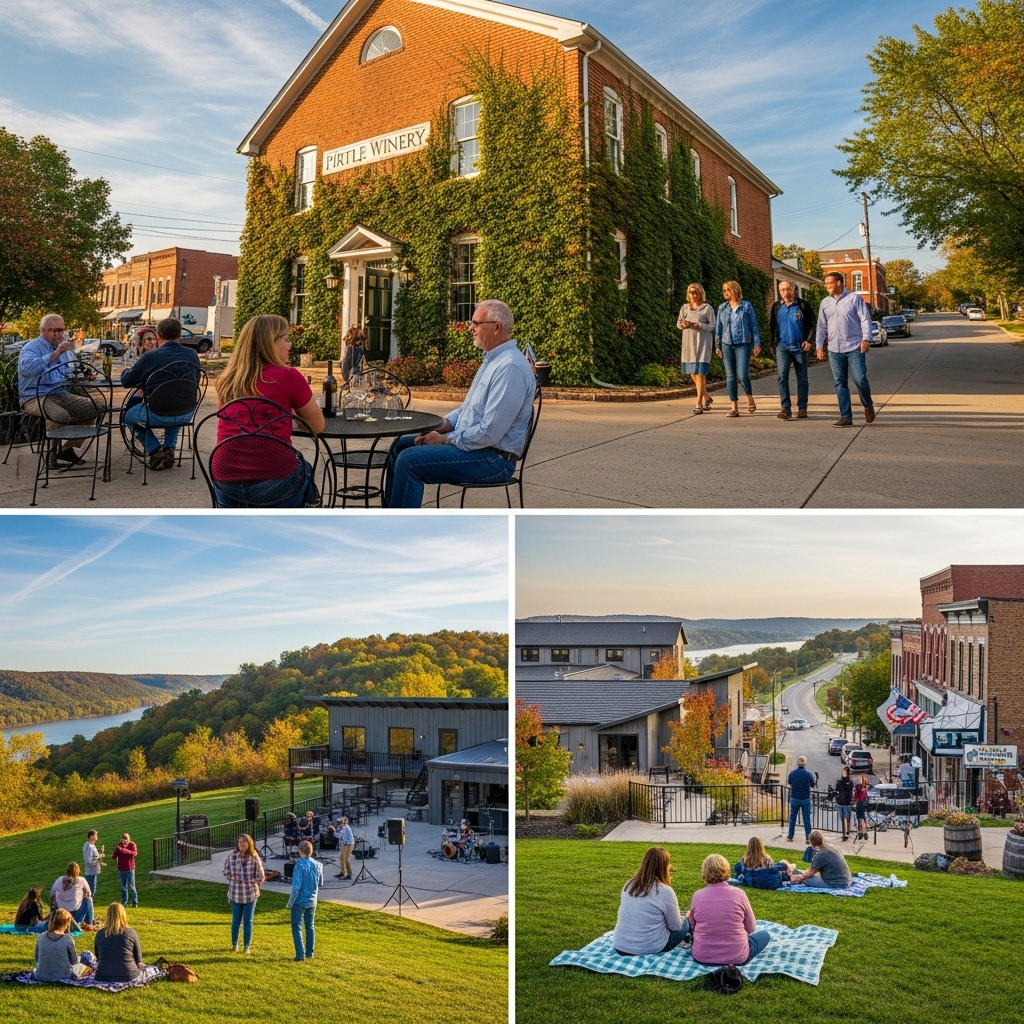 A picturesque view of the vineyards and rolling hills in Weston, Missouri during the fall.