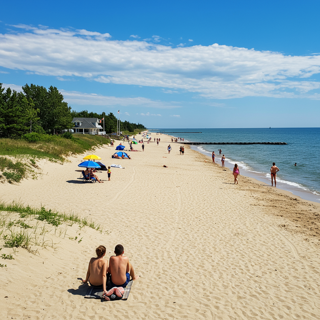 A sunny day on the boardwalk at Grand Beach with people enjoying the view of Lake Winnipeg.