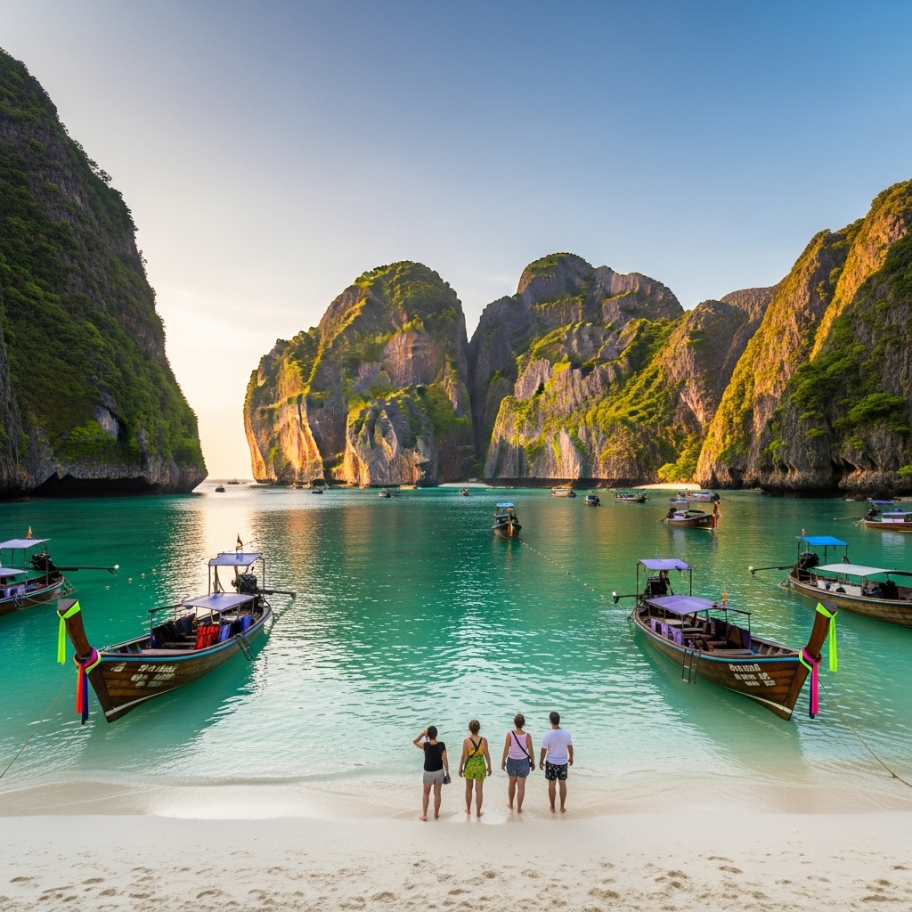 A longtail boat in a stunning turquoise lagoon surrounded by limestone cliffs