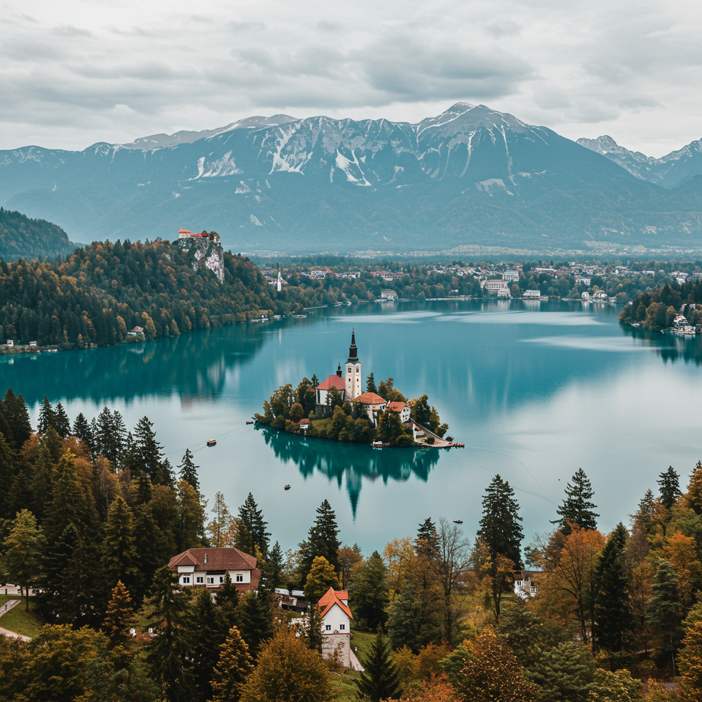 A beautiful pletna boat on the emerald waters of Lake Bled with the island church in the background.