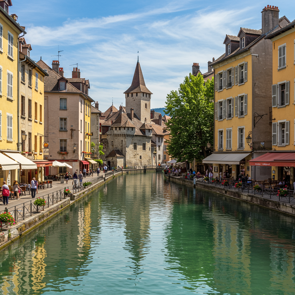 The iconic Palais de l'Île in a canal in Annecy's Old Town