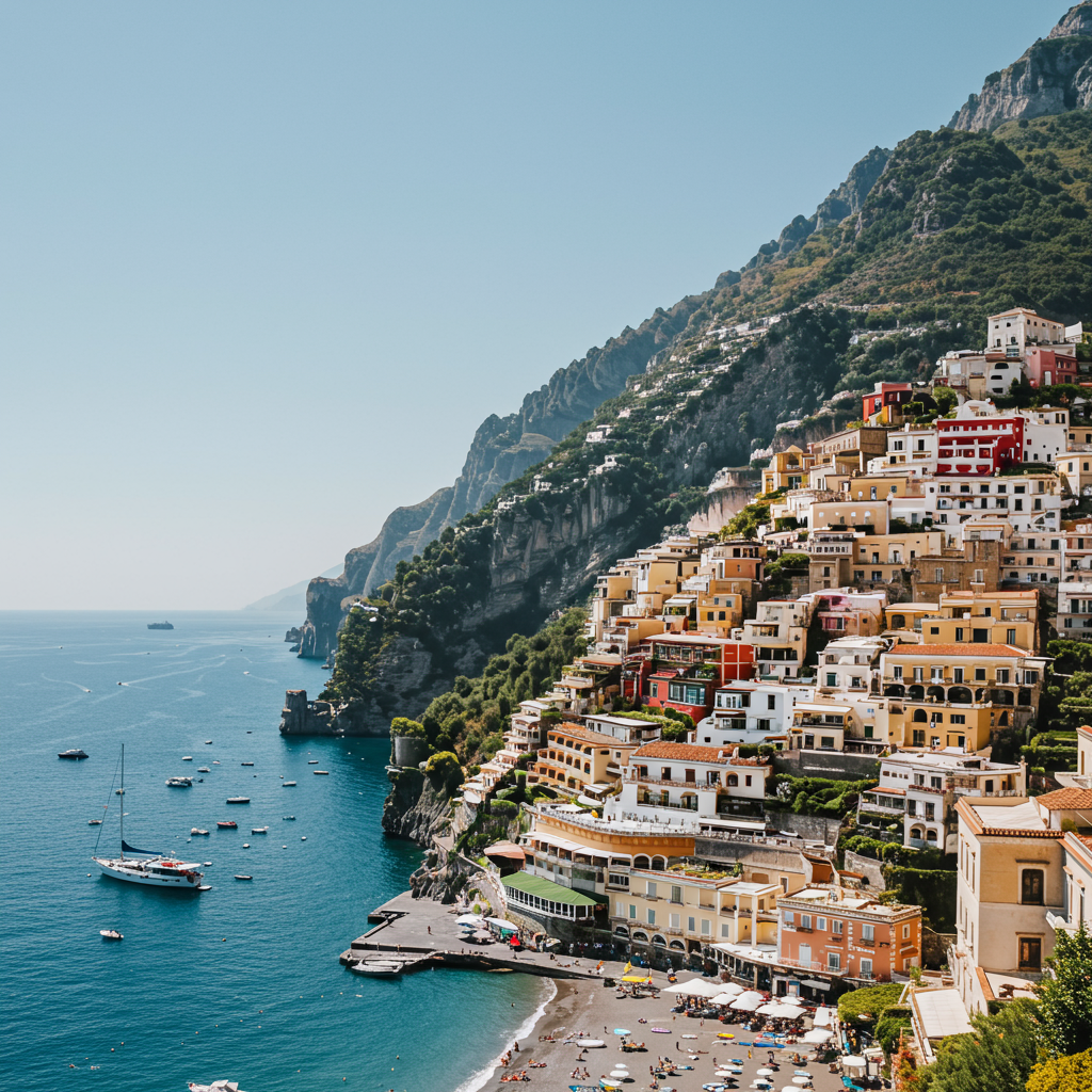 Pastel-colored houses cascading down the cliffside in Positano, overlooking the blue Tyrrhenian Sea.