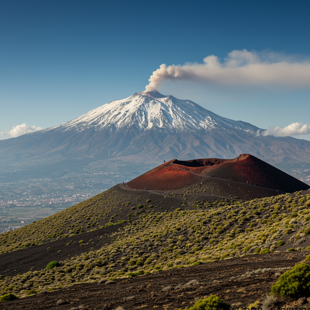 A lunar landscape on Mount Etna with smoke rising from a crater in the distance.