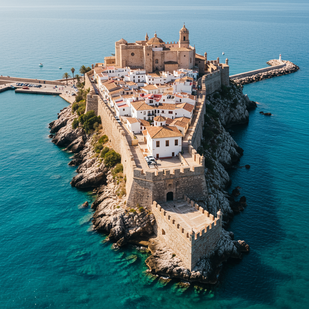 Panoramic view of Peñíscola castle perched on a rocky headland, with the blue Mediterranean sea and a sandy beach in the foreground.