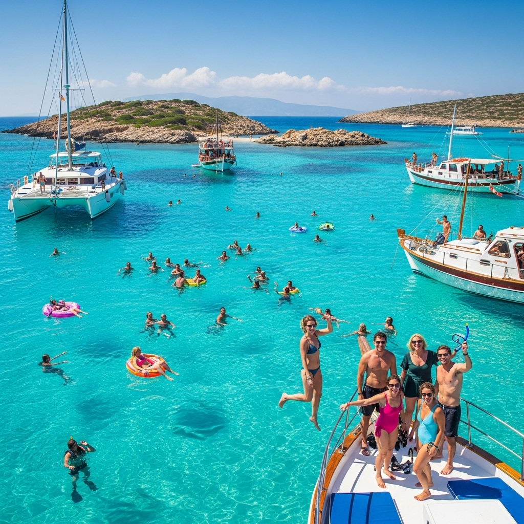 A beautiful turquoise bay in the Greek Islands, seen from a boat