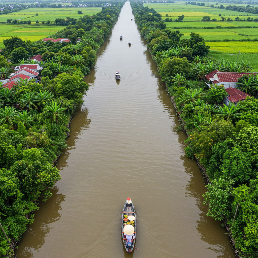 A peaceful sampan boat ride through a narrow, lush green canal in the Mekong Delta.