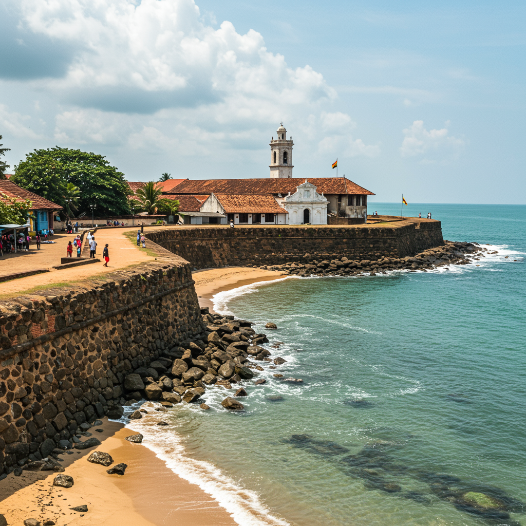 A beautiful view of the Galle Fort lighthouse against the blue ocean.