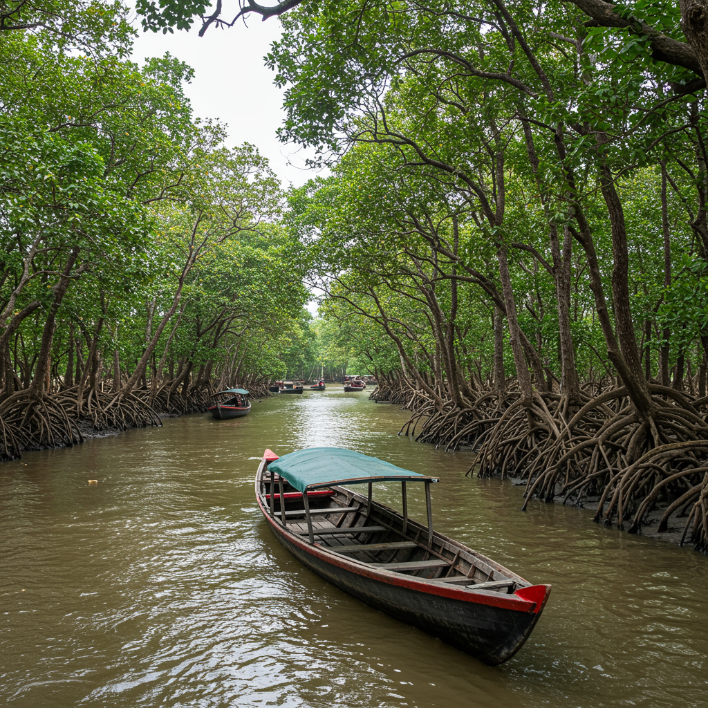 A boat sailing through the narrow mangrove creeks of the Sundarbans on a sunny day.