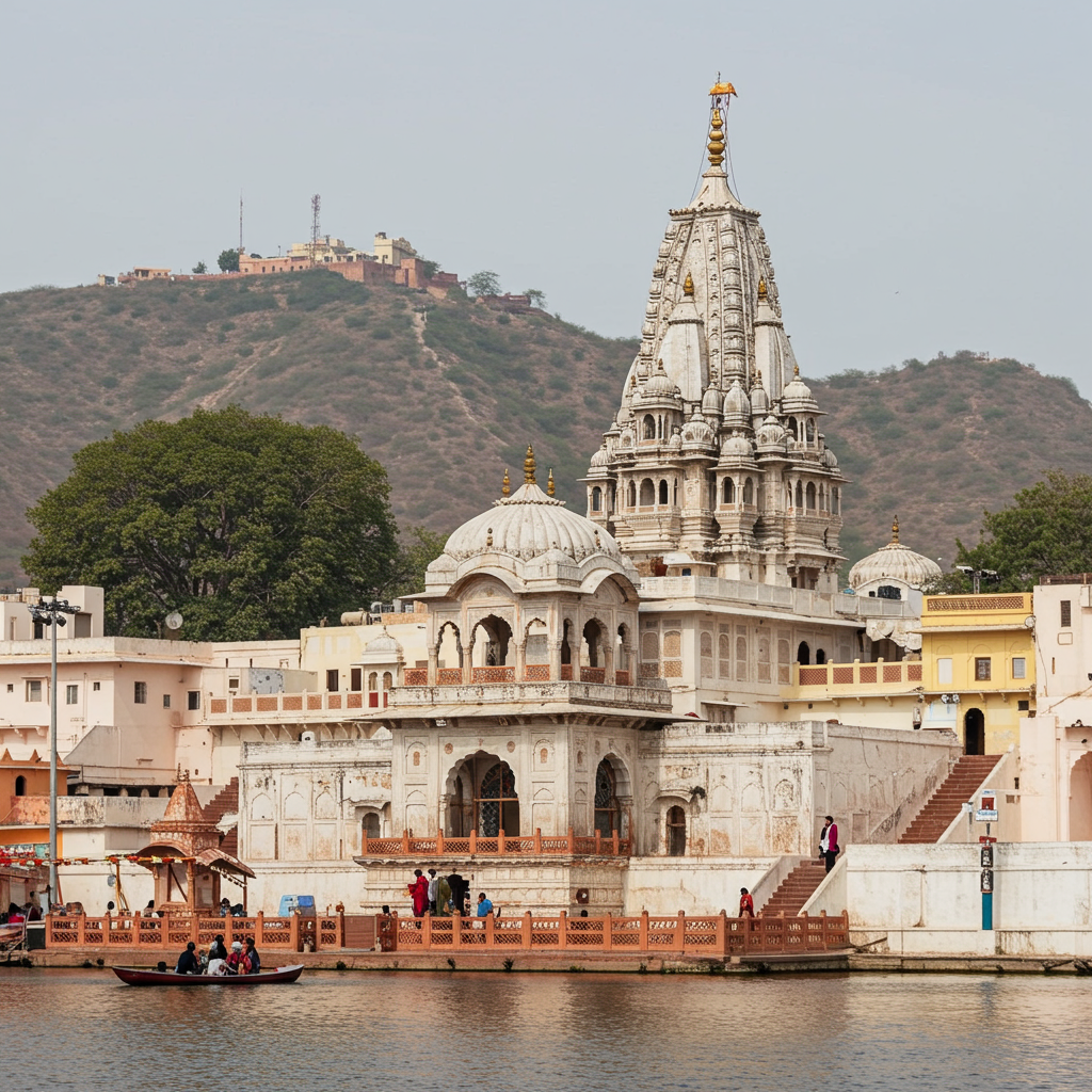 A serene view of Pushkar lake surrounded by white buildings and ghats