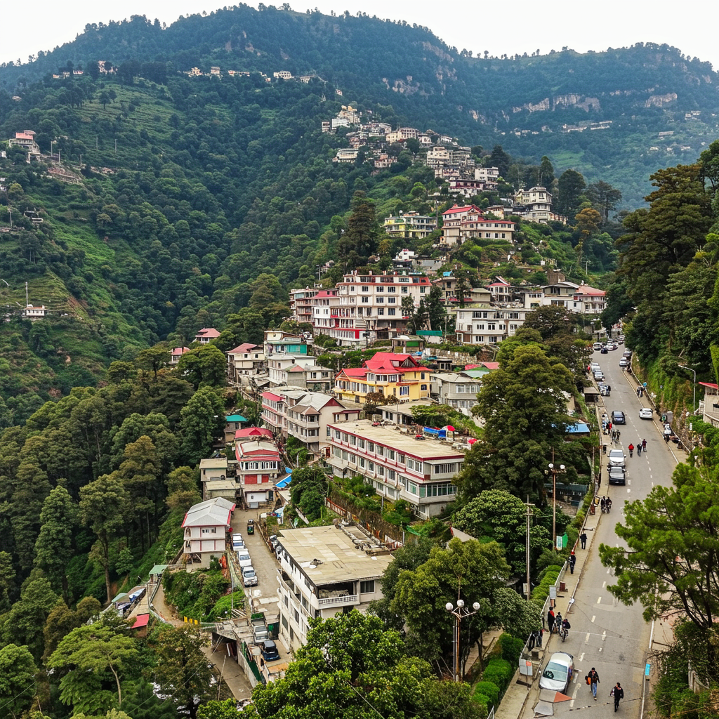 A chairlift descending a lush green mountain in Murree, with hills in the background under a blue sky.