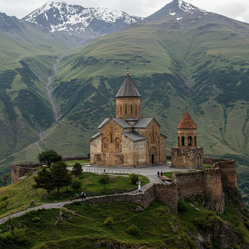 Travel destination image showing the Gergeti Trinity Church with Mount Kazbek in the background