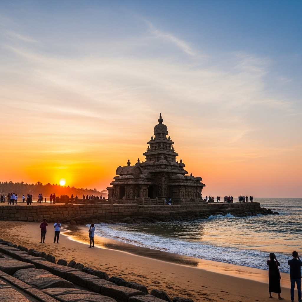 A beautiful view of the Shore Temple in Mahabalipuram against the Bay of Bengal
