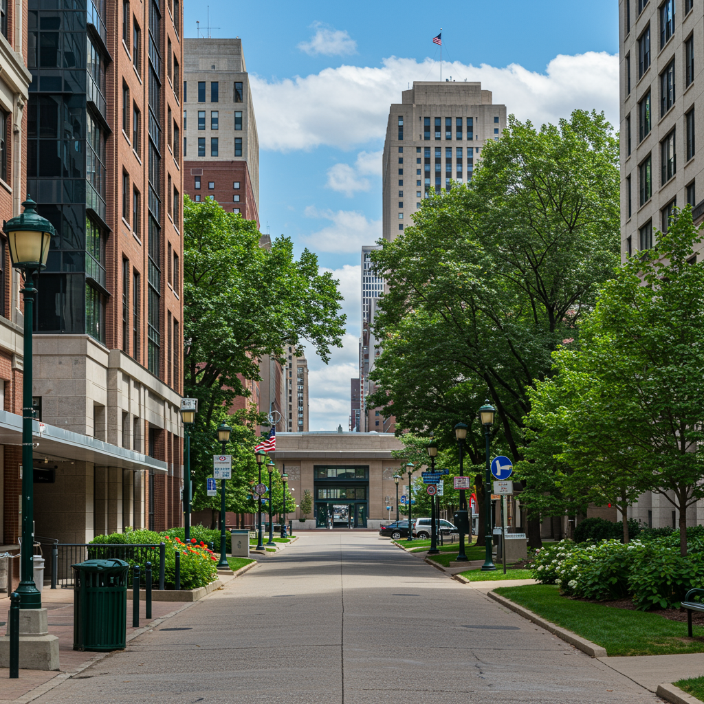 The iconic Blue Bridge in downtown Grand Rapids on a sunny day.