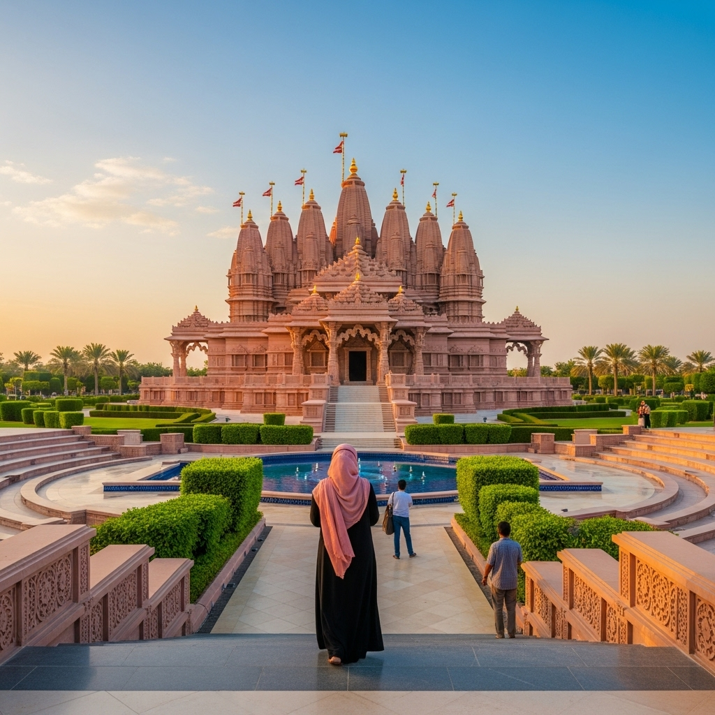 A stunning view of the intricately carved BAPS Hindu Mandir in Abu Dhabi