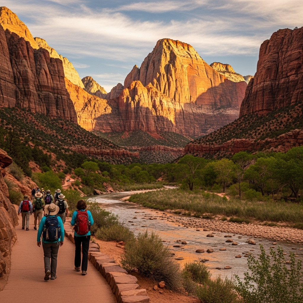 A breathtaking view of Zion Canyon's towering red rock cliffs under a clear blue sky.