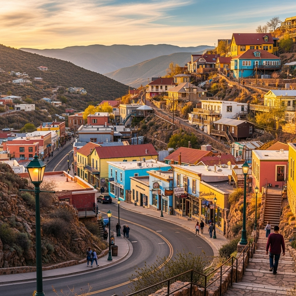 Colorful buildings built into the hillside of historic Bisbee, Arizona.