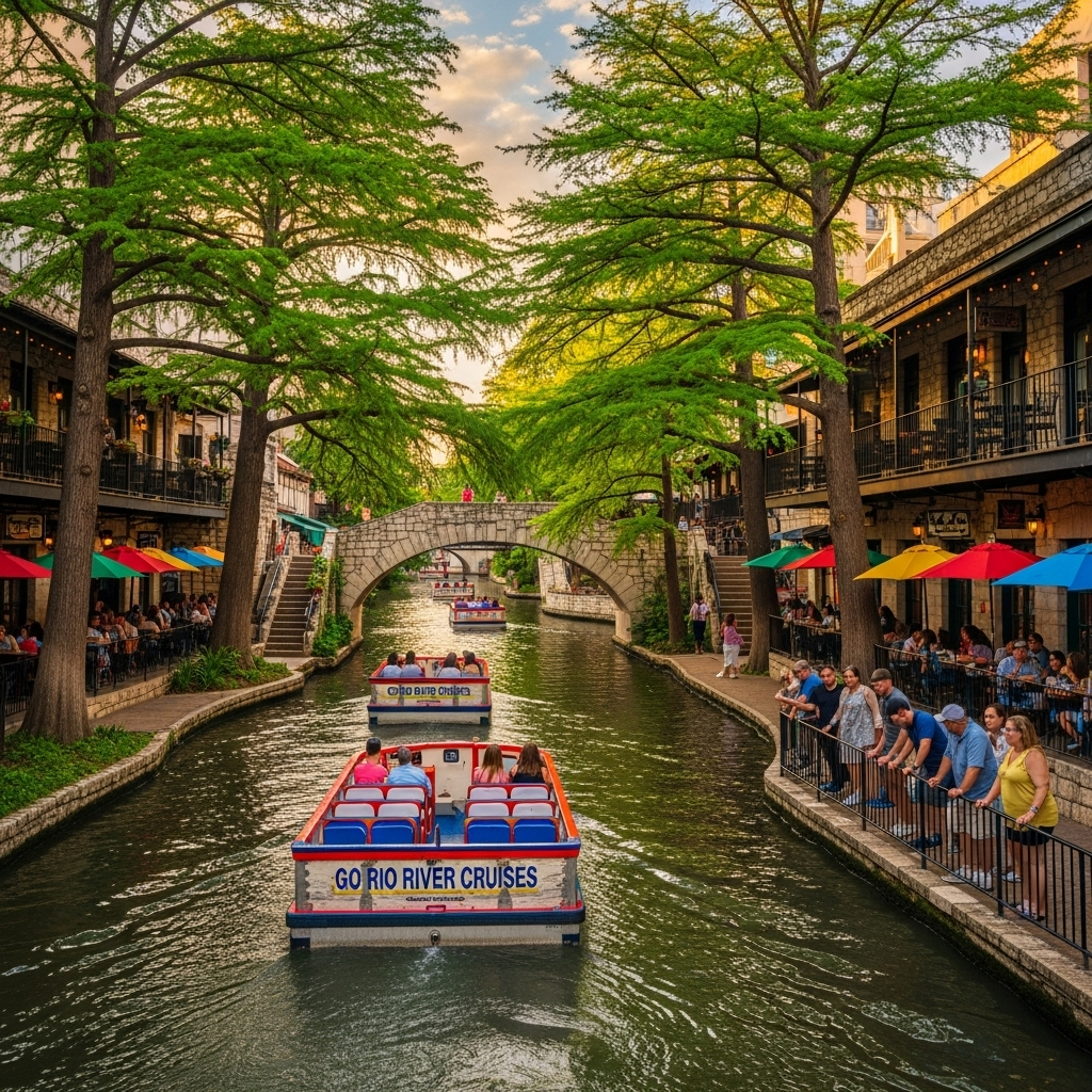 A colorful boat cruises down the San Antonio River Walk, lined with restaurants and lush trees.