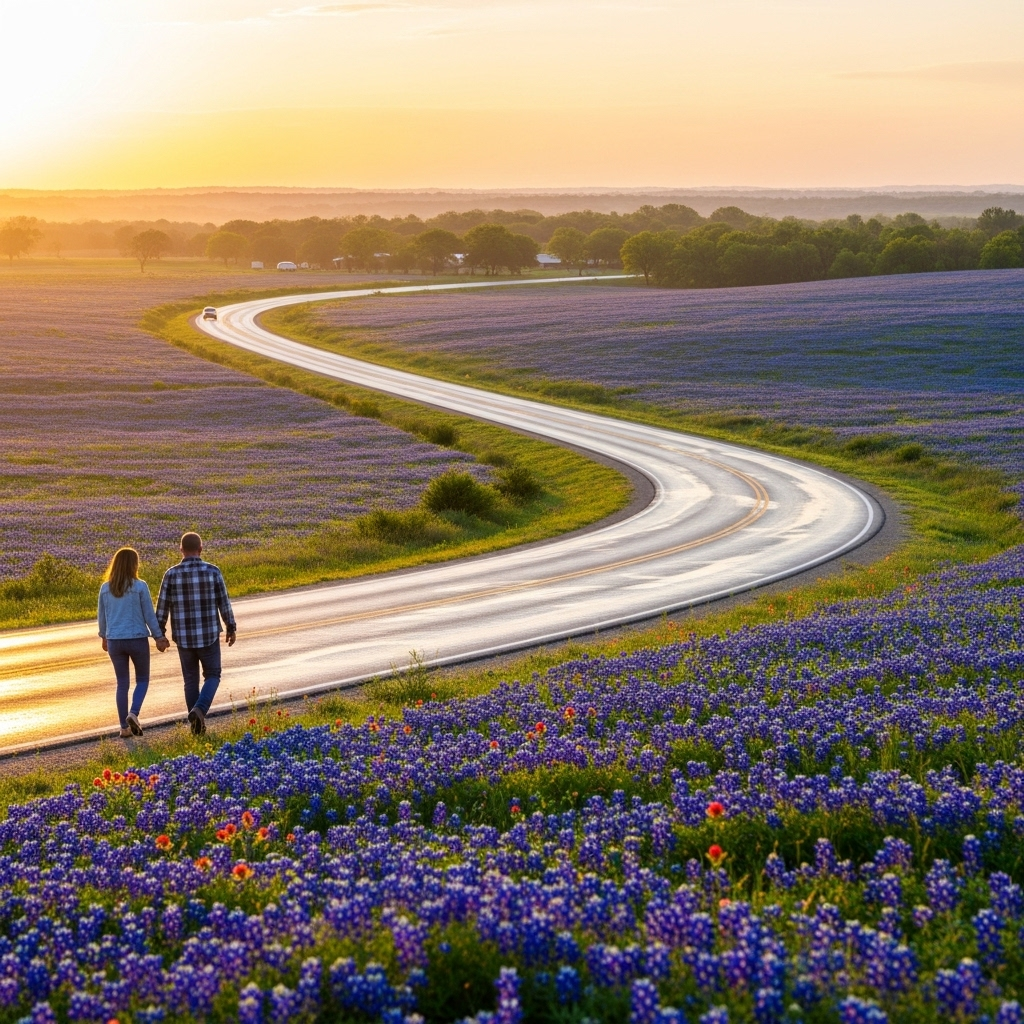 A scenic view of the Texas bluebonnets in Ennis.