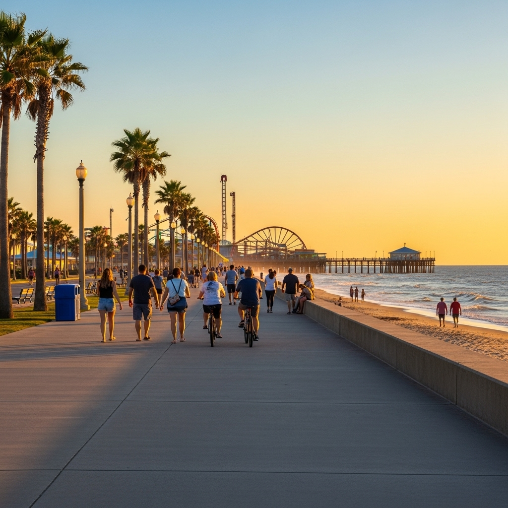 A vibrant, colorful view of the Galveston Island Historic Pleasure Pier at sunset