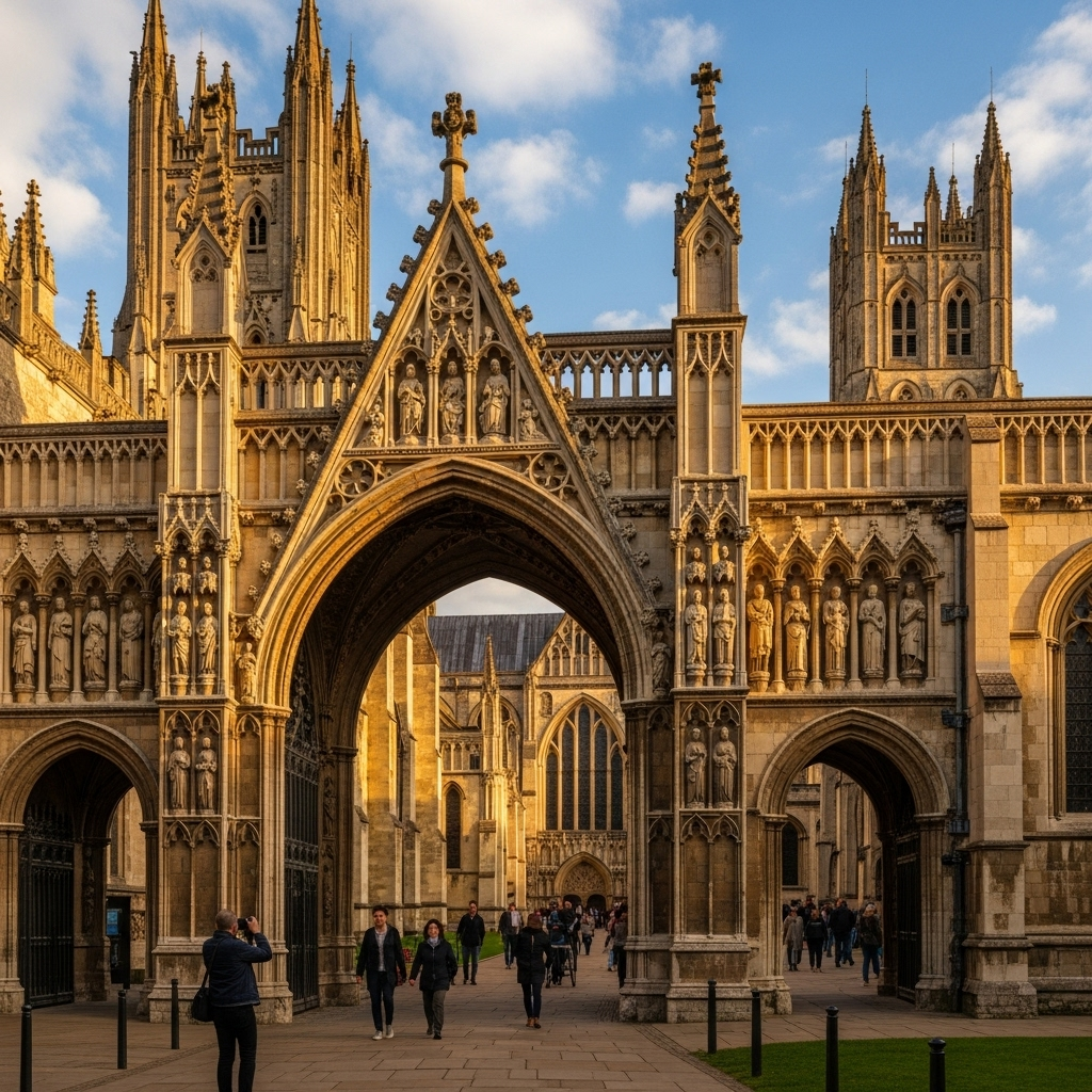 A beautiful view of Canterbury's medieval buildings along the River Stour