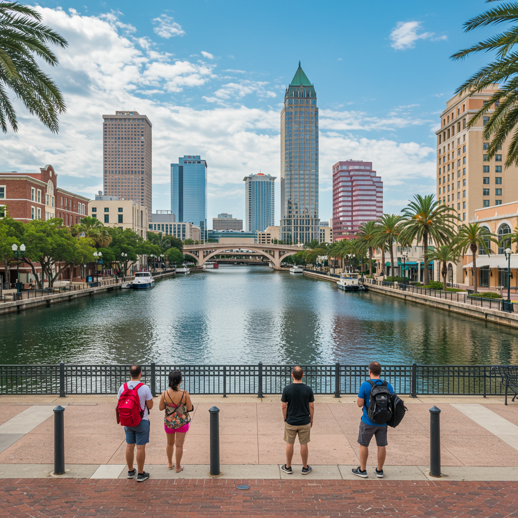 A beautiful view of the Tampa Riverwalk and downtown skyline