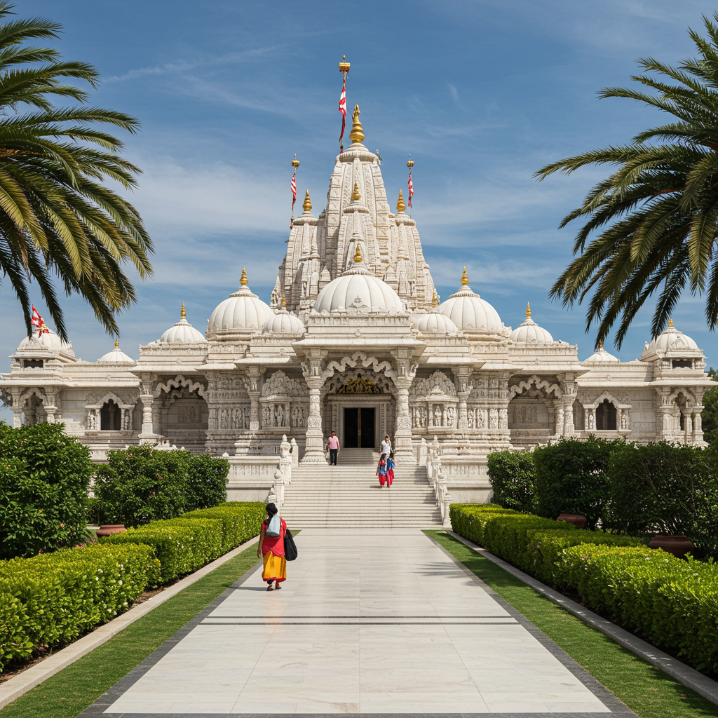 A breathtaking view of the intricately carved BAPS Mandir in Chino Hills against a clear blue sky.