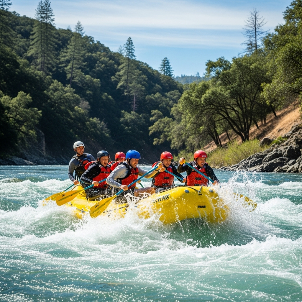 A raft full of excited people navigating a white water rapid on the American River.