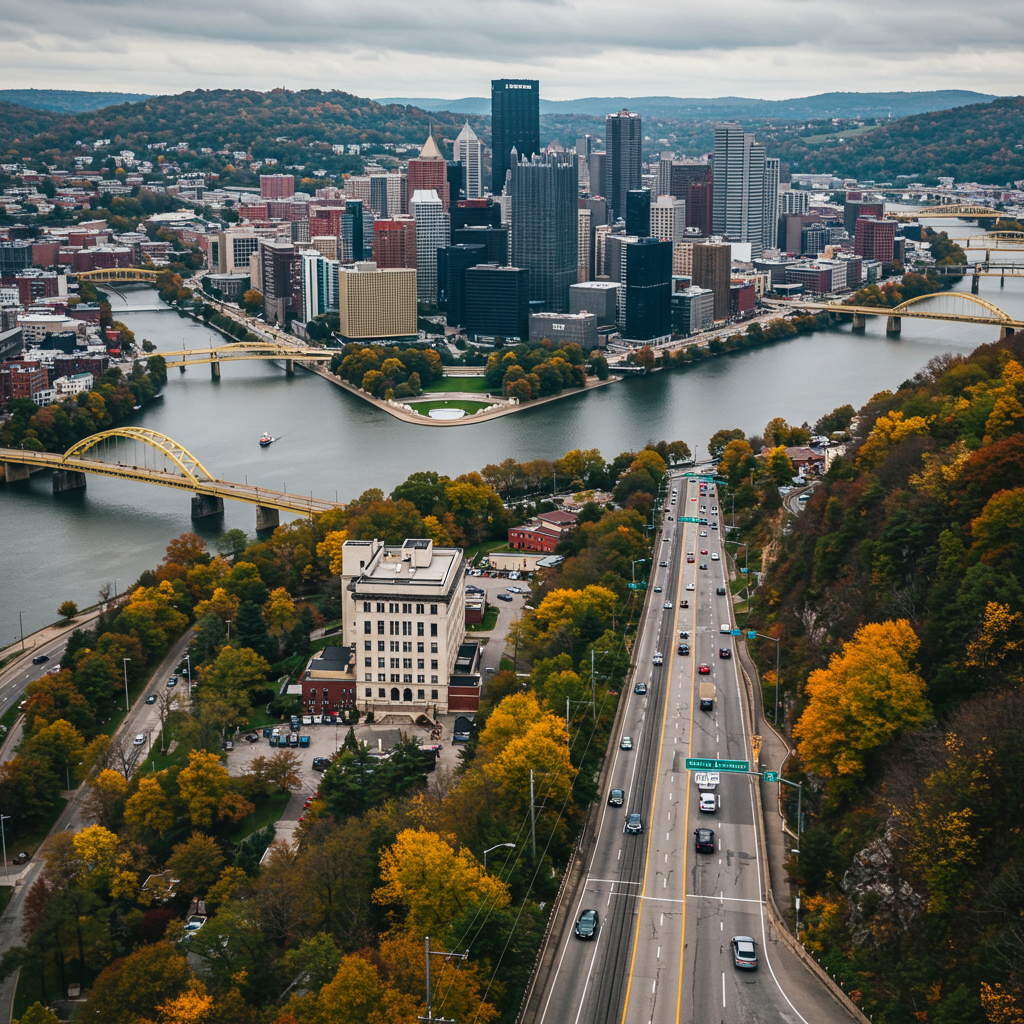 A stunning view of the Pittsburgh skyline from Mount Washington, with the three rivers converging at Point State Park.