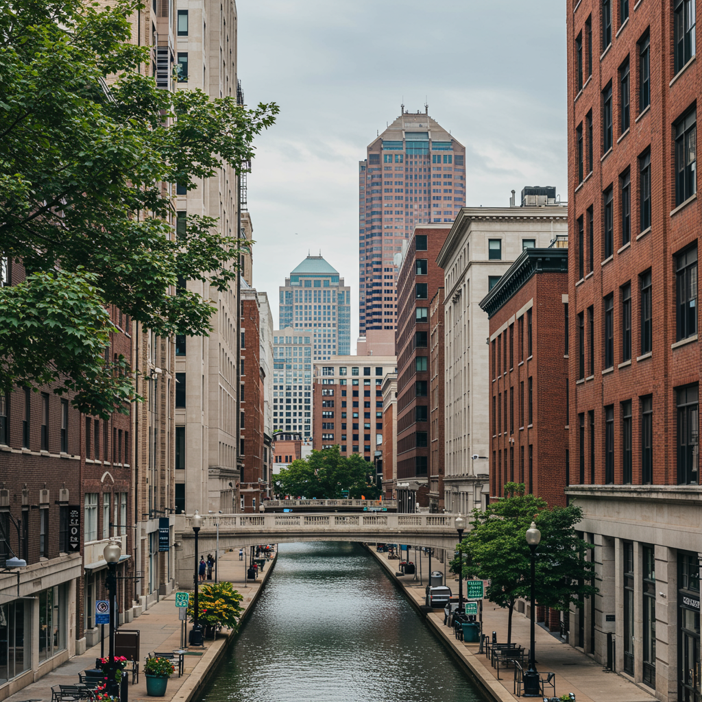 A beautiful view of the Scioto Mile in Columbus with the skyline in the background.