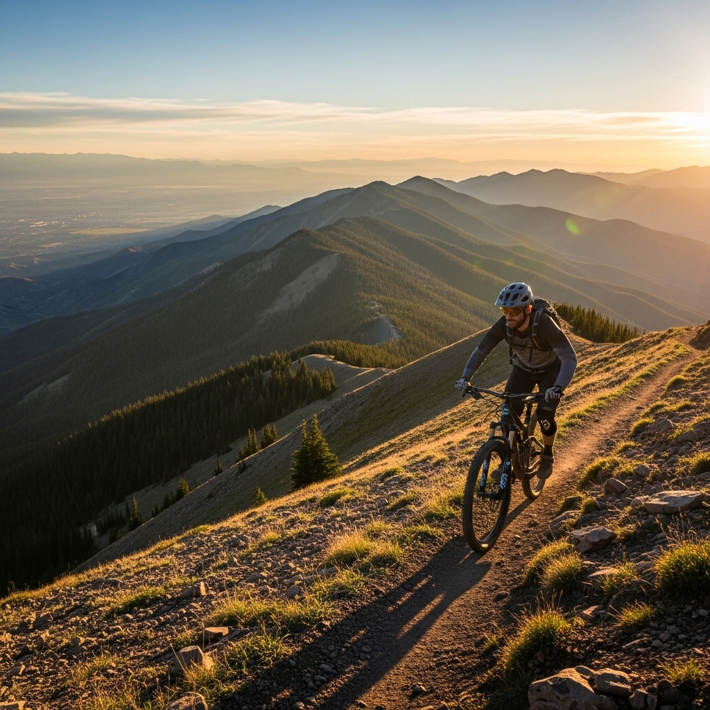 A mountain biker riding along a scenic ridgeline trail in Utah.