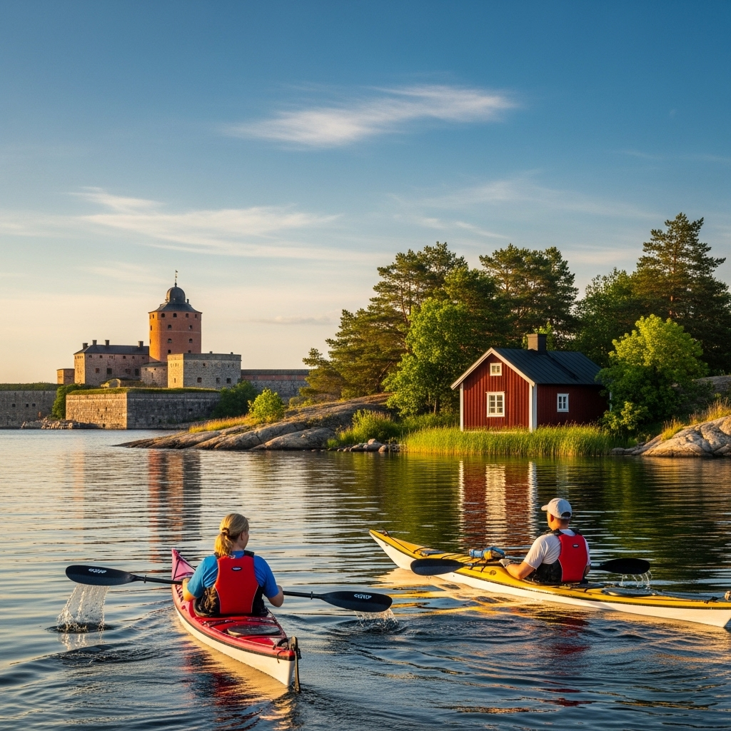 Kayakers paddling between small, rocky islands dotted with red cottages in the Stockholm Archipelago.